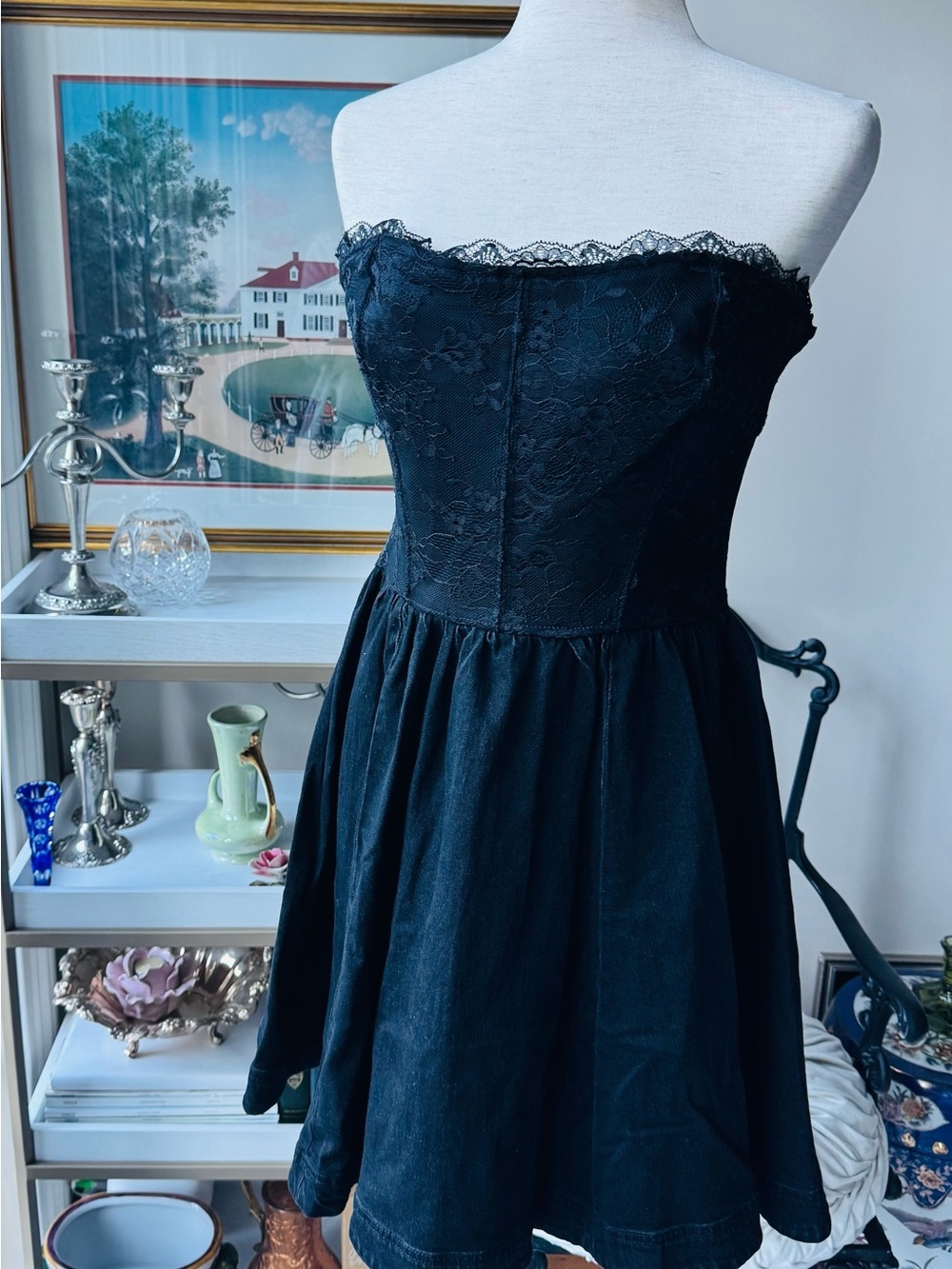 Anthropologie Black Strapless Lace Bodice Fit-and-Flare Dress